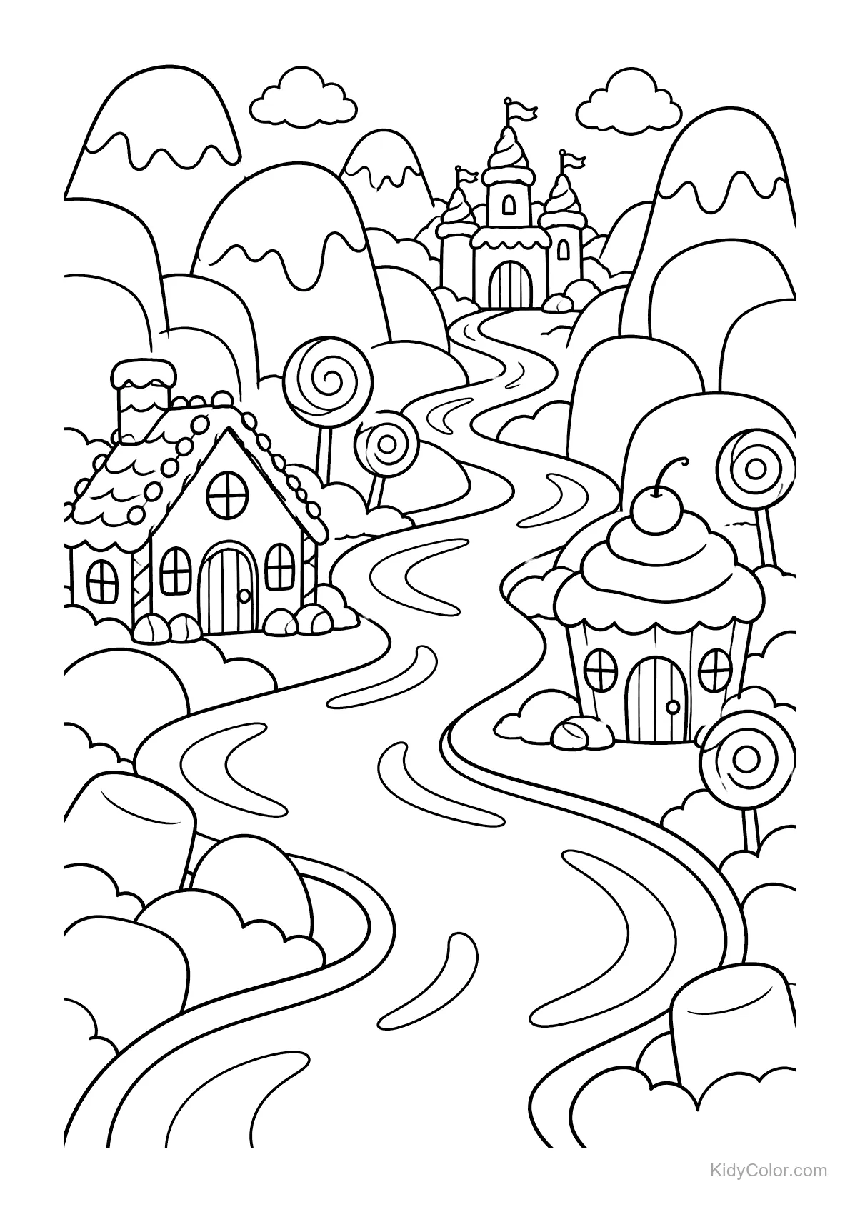 A landscape with marshmallow mountains, chocolate river, candy houses, and lollipop trees.