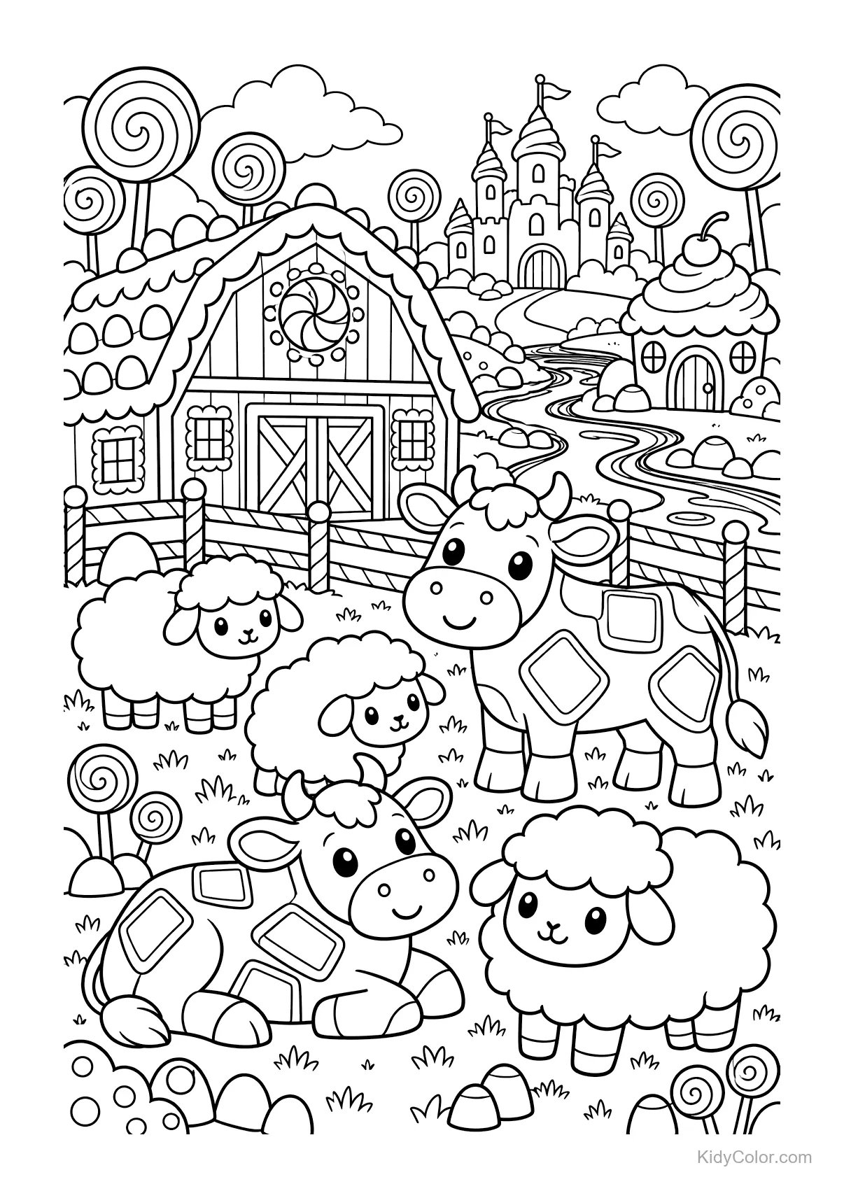 Marshmallow sheep and chocolate cows in front of a candy house with a castle in background.