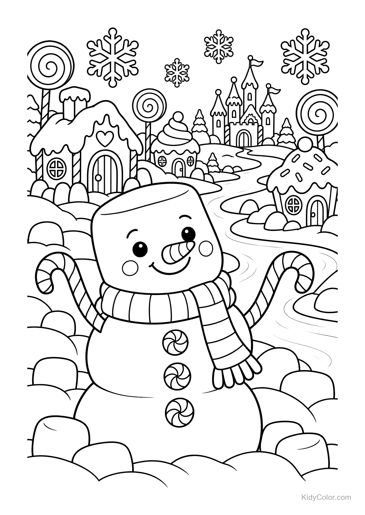 Marshmallow sneeuwpop met zuurstokarmen in snoepjesland.