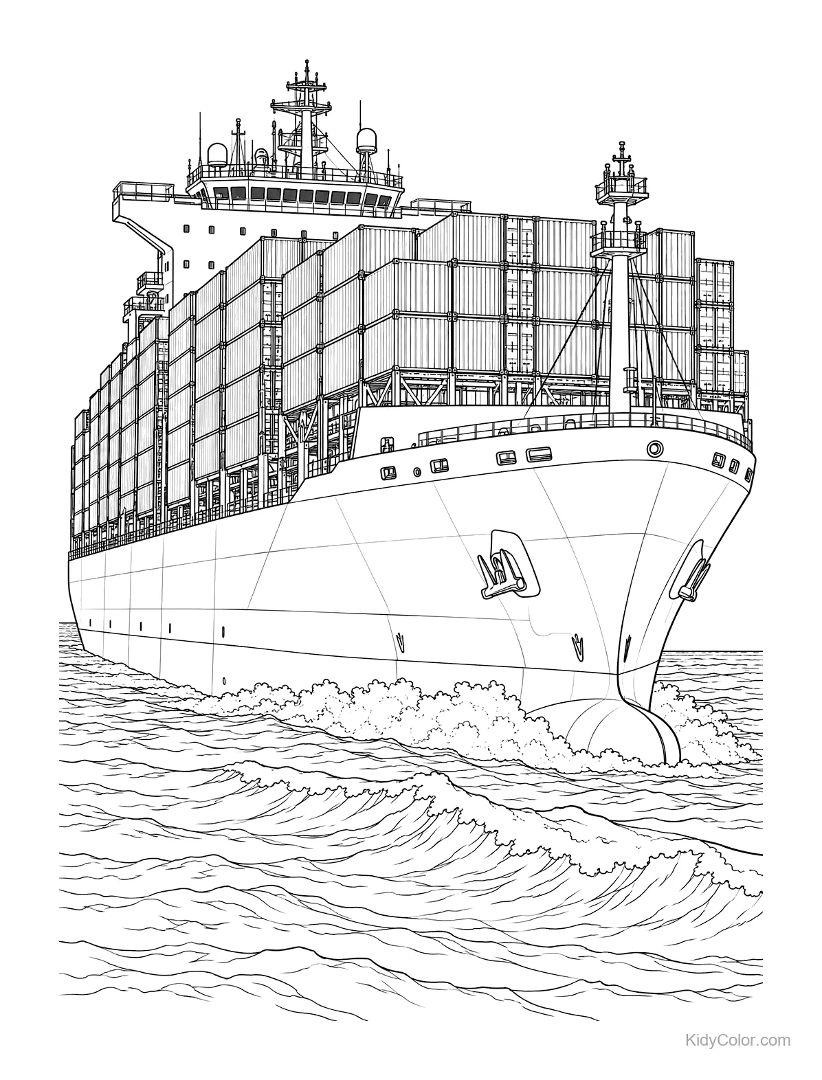 Massive container ship on the ocean with containers stacked on deck.