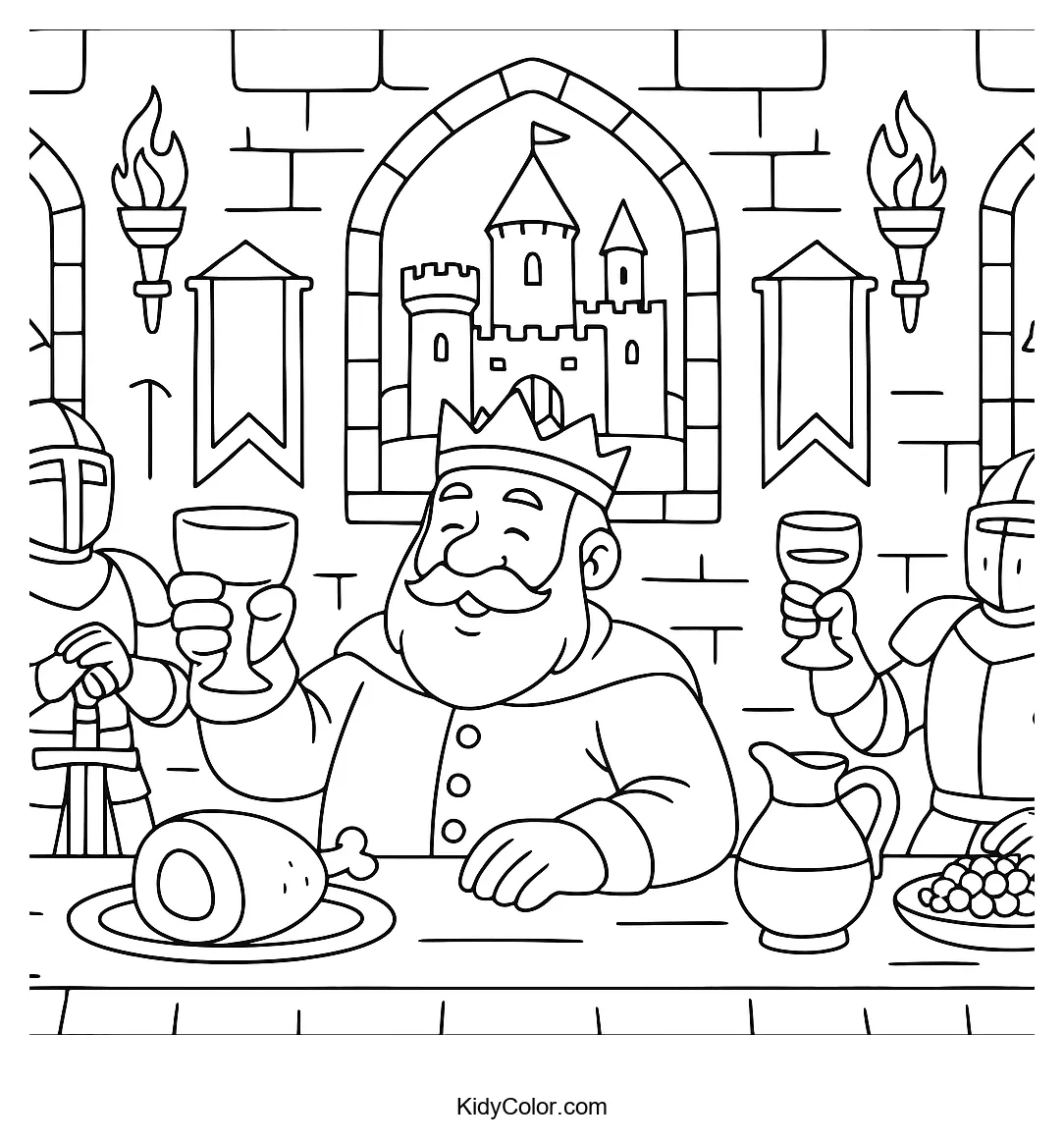 Medieval feast in a castle hall coloring page