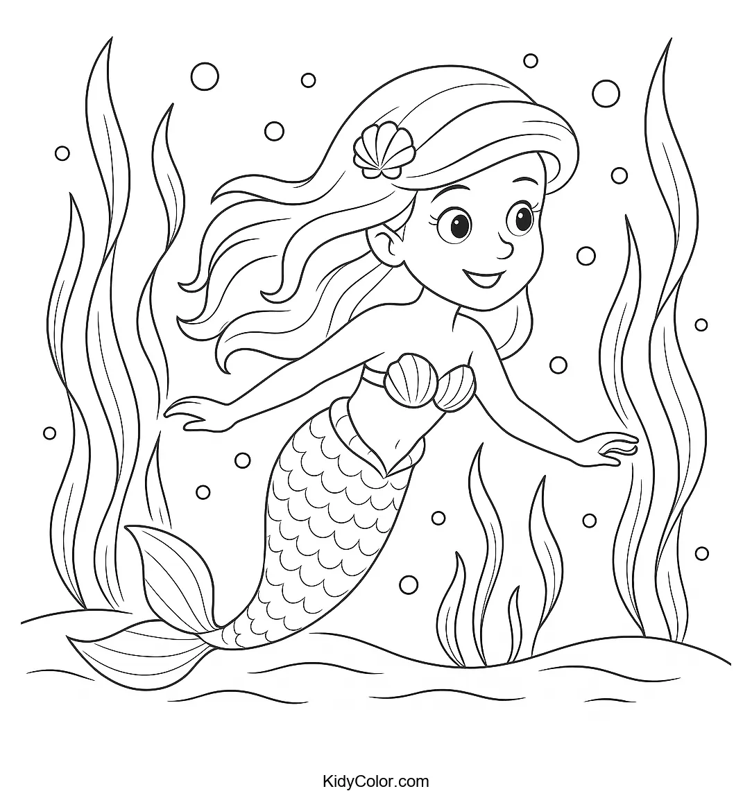 Mermaid swimming amongst kelp and bubbles.