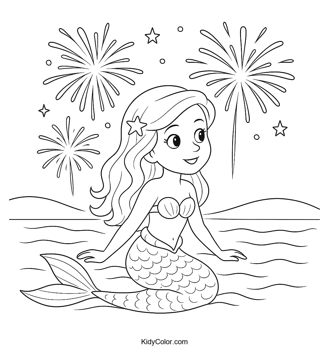 Mermaid with fireworks over the ocean