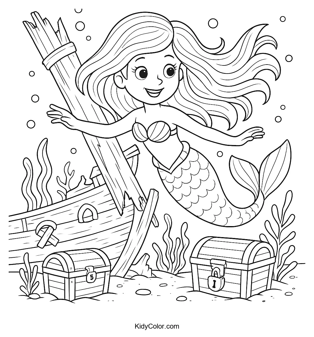 Mermaid and pirate ship coloring page