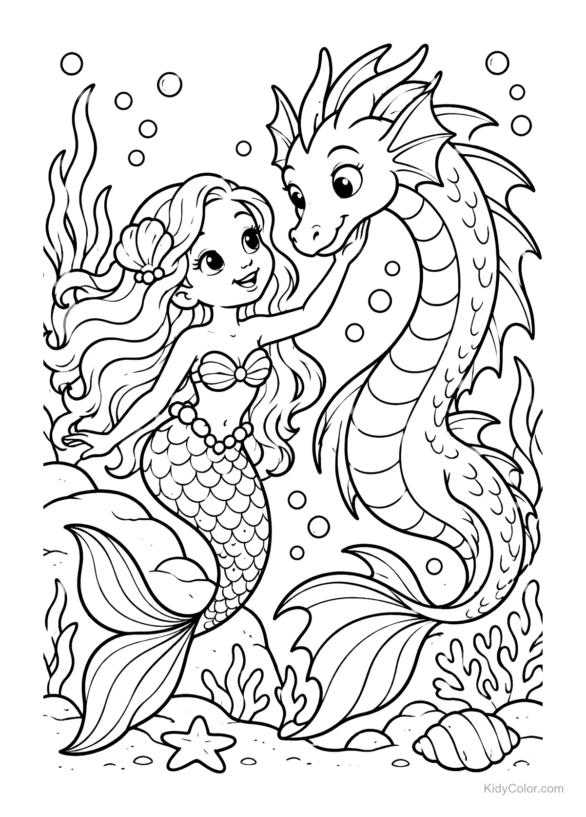 Sirena con cabello suelto acaricia a un dragón marino sonriente bajo el agua.