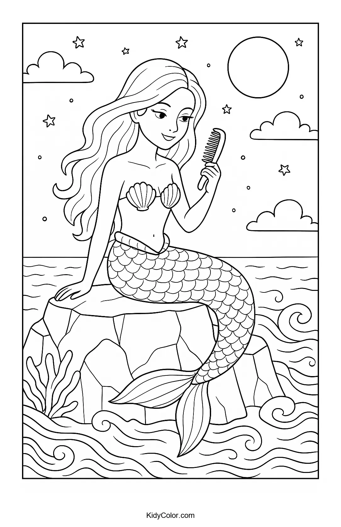 Mermaid under a moonlit sky near the sea