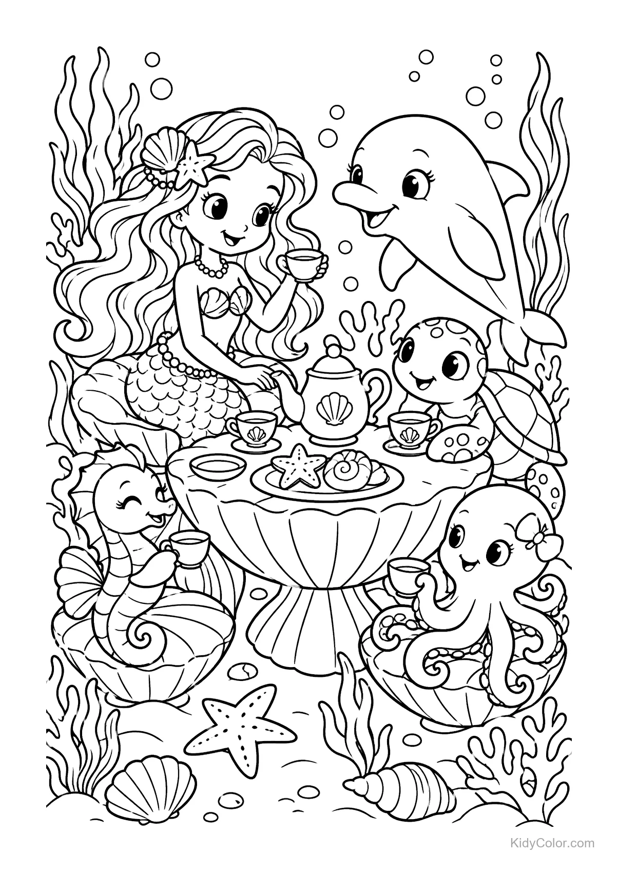 Mermaid having tea with dolphin, turtle, octopus, and fish.