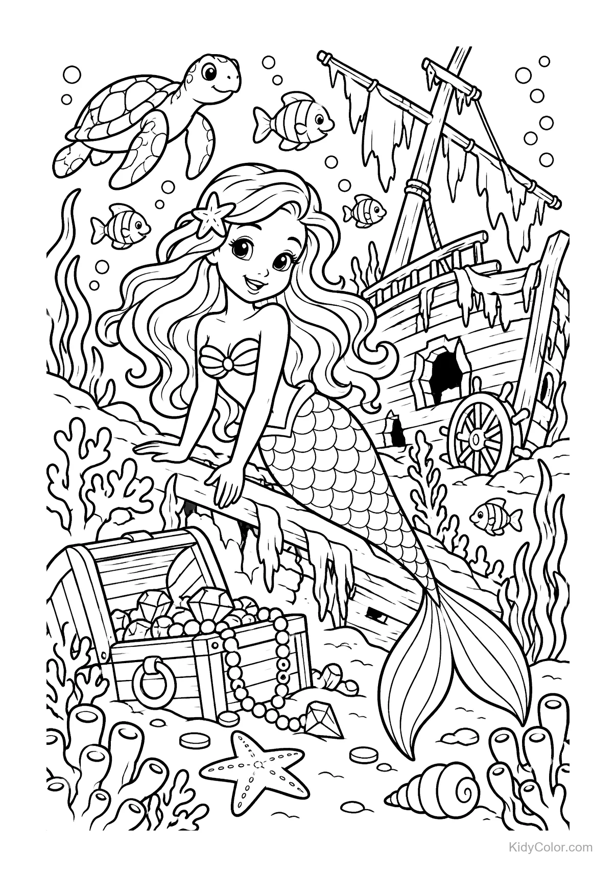 Mermaid with fish and treasure at a shipwreck underwater.