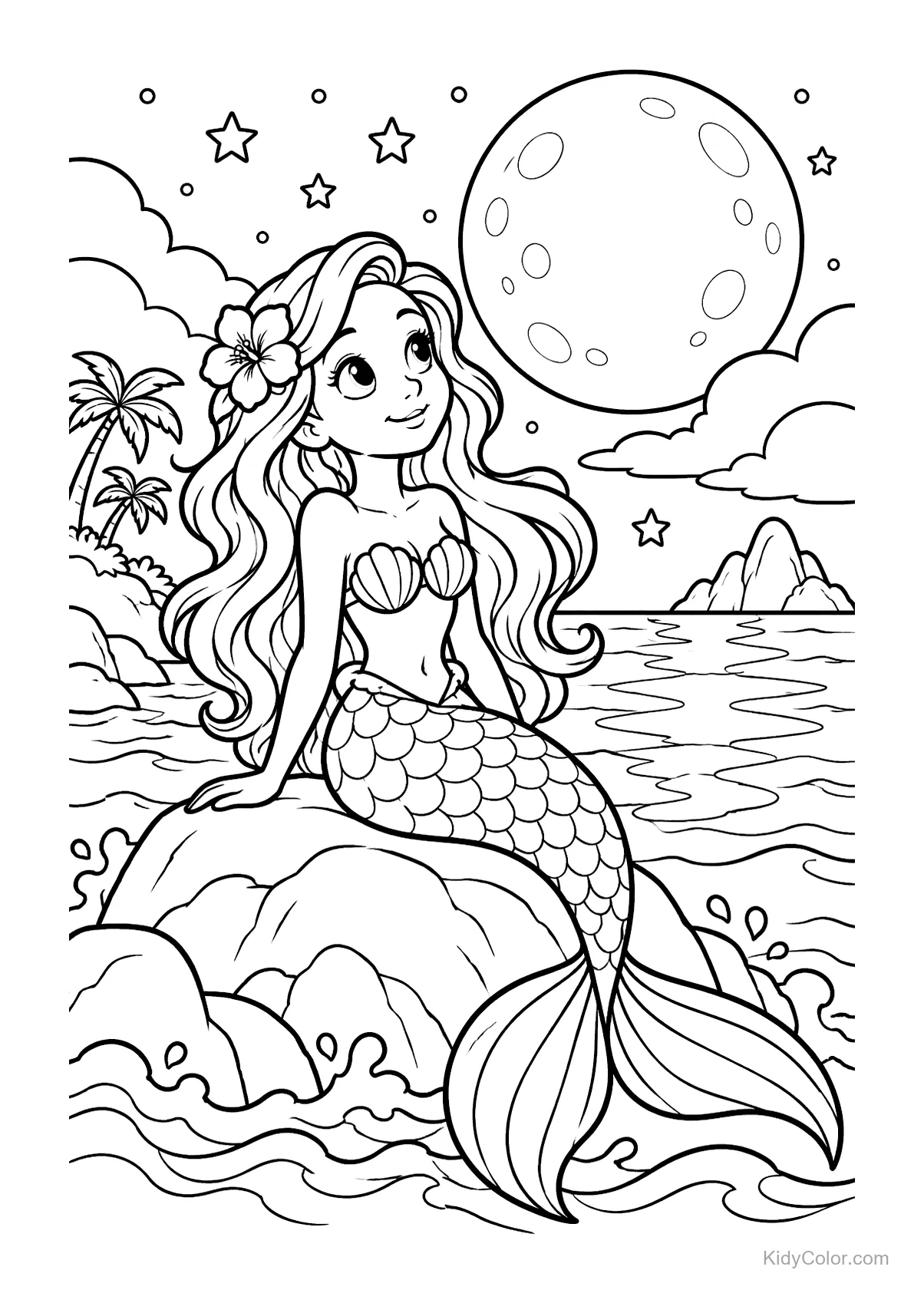 Sereia sentada em uma rocha à beira-mar sob o céu estrelado.