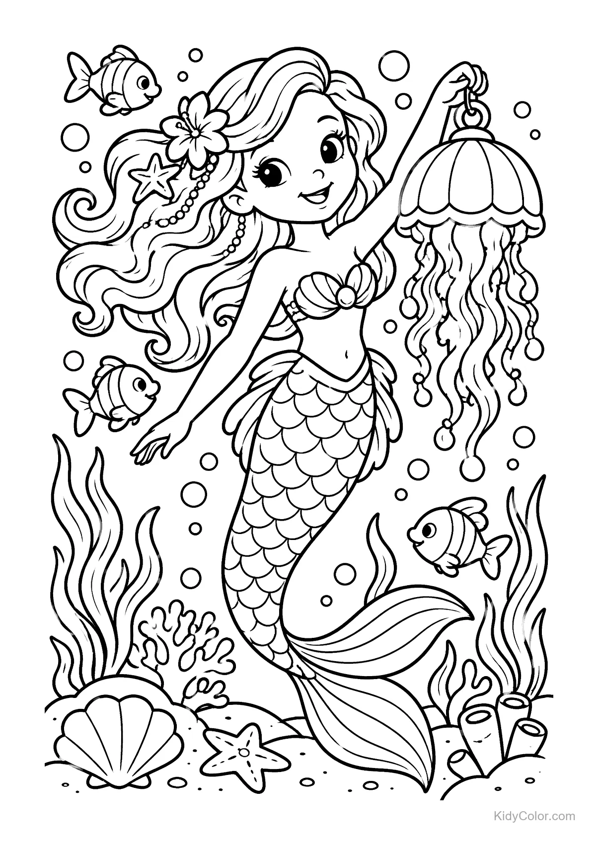 Sereia segurando lanterna de água-viva com peixes e corais.