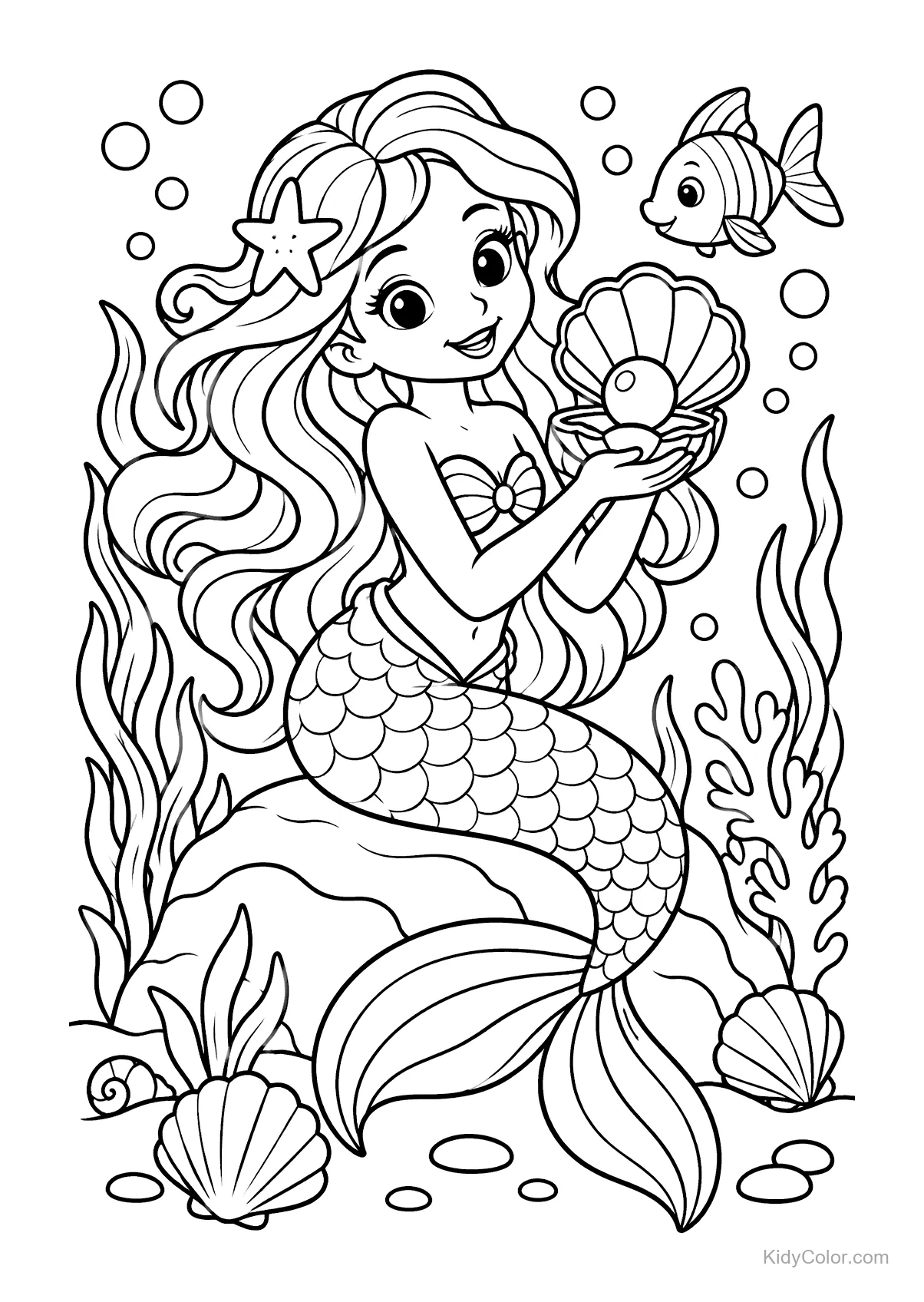 Sereia segurando uma pérola, sentada em uma rocha com um peixe próximo.