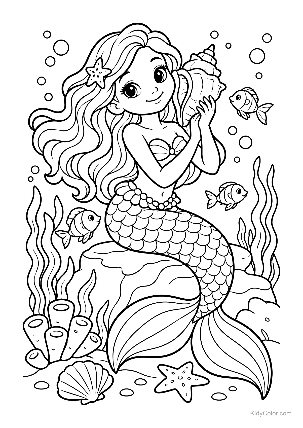 Mermaid holding a seashell with fish and coral around.
