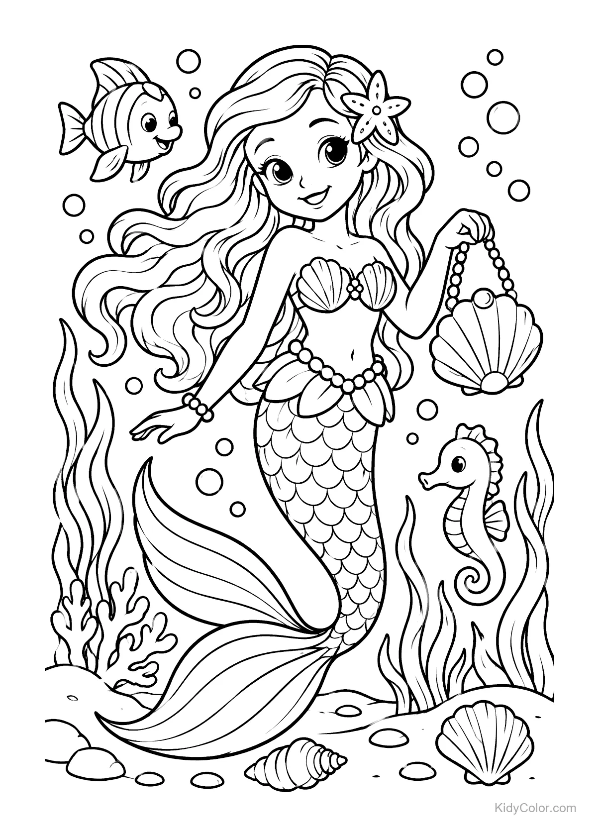 Mermaid with long hair and seashell lantern underwater.