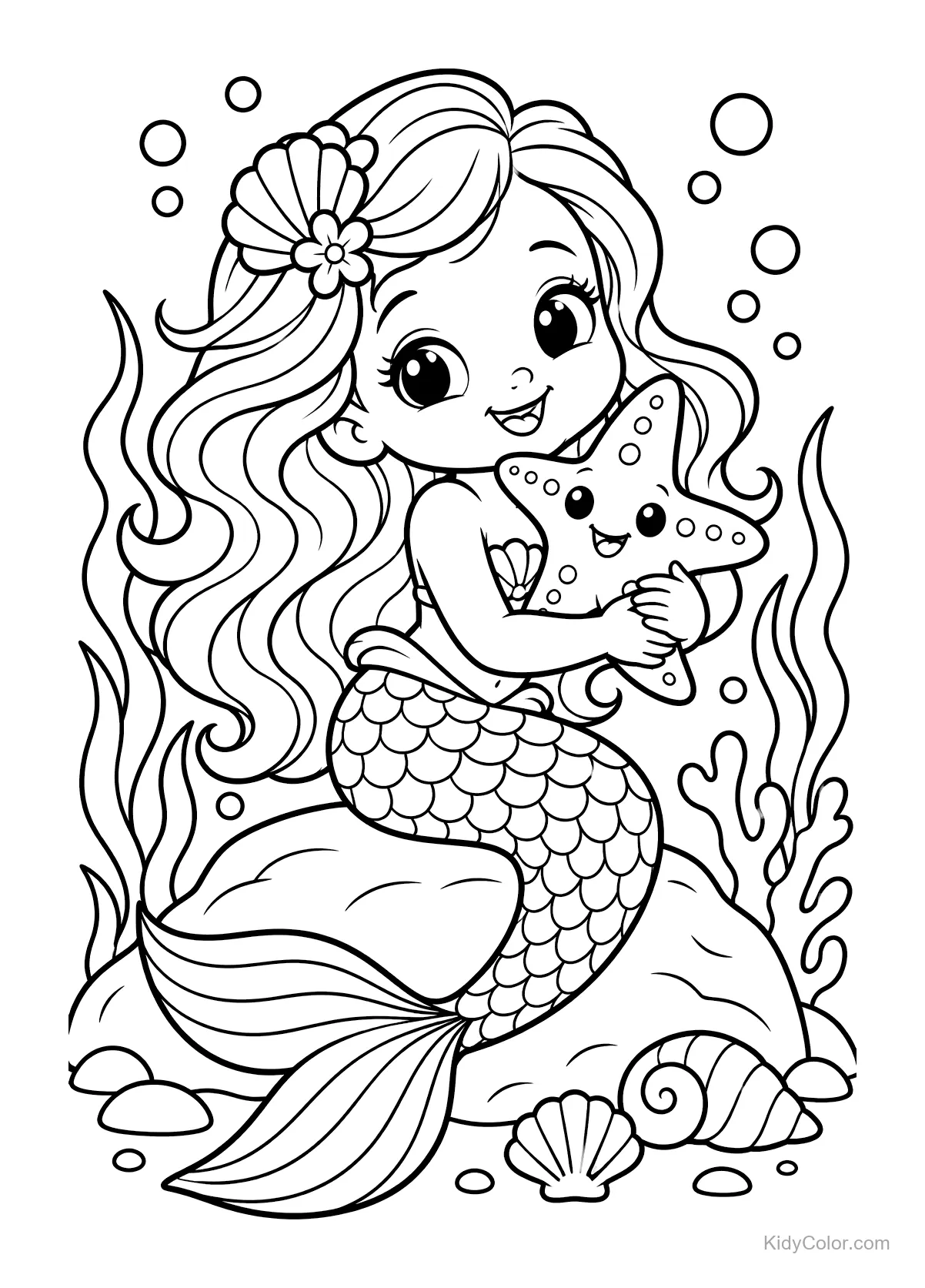 Sirena con cabello largo abrazando una estrella de mar sonriente bajo el agua.