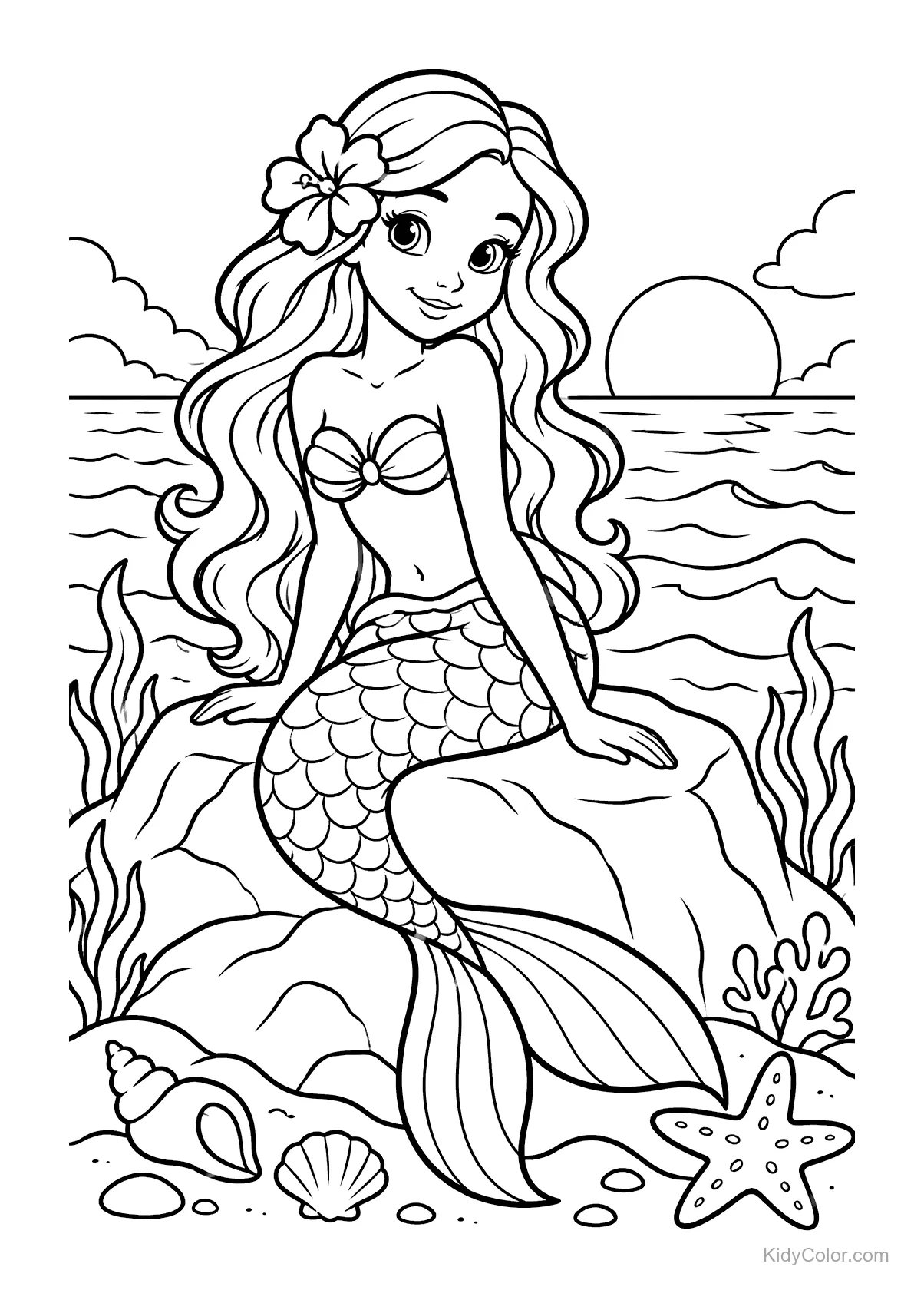 Sereia sentada em pedra à beira-mar com conchas e estrela-do-mar.