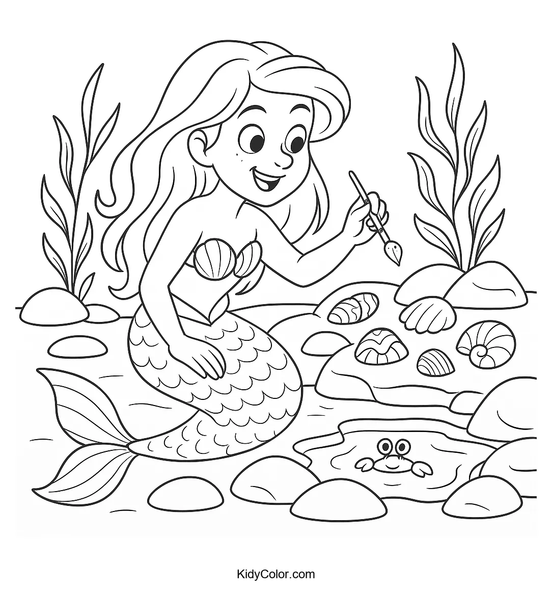 Mermaid painting shells by a tide pool