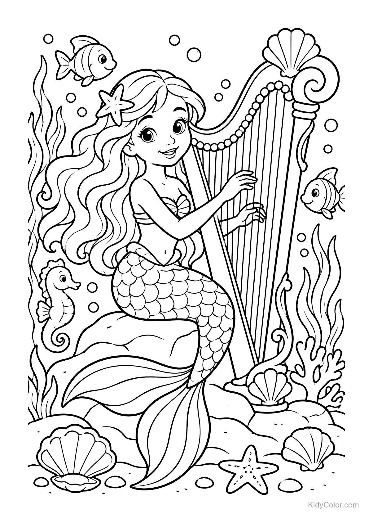 Sereia sentada em rochedo tocando harpa com peixes ao redor.