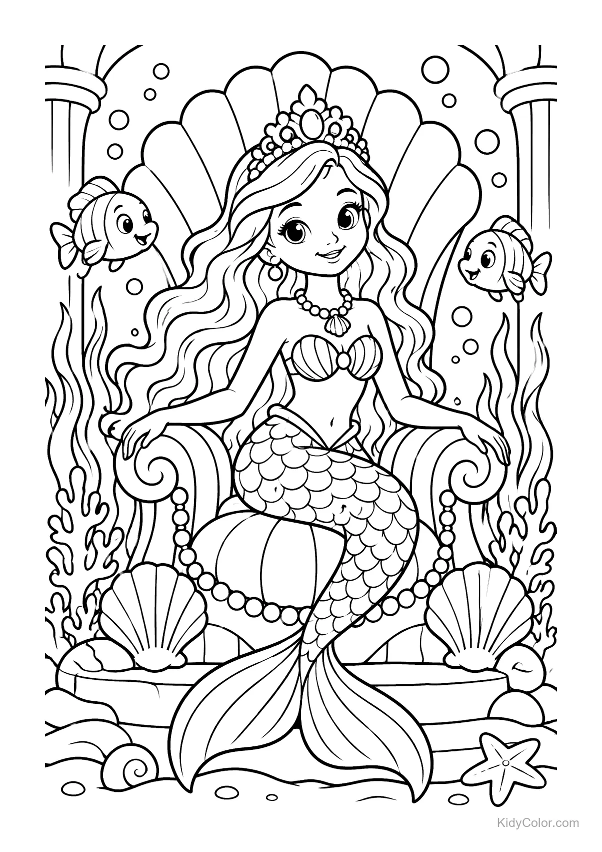 Princesse sirène sur un trône de coquillage avec poissons et plantes.