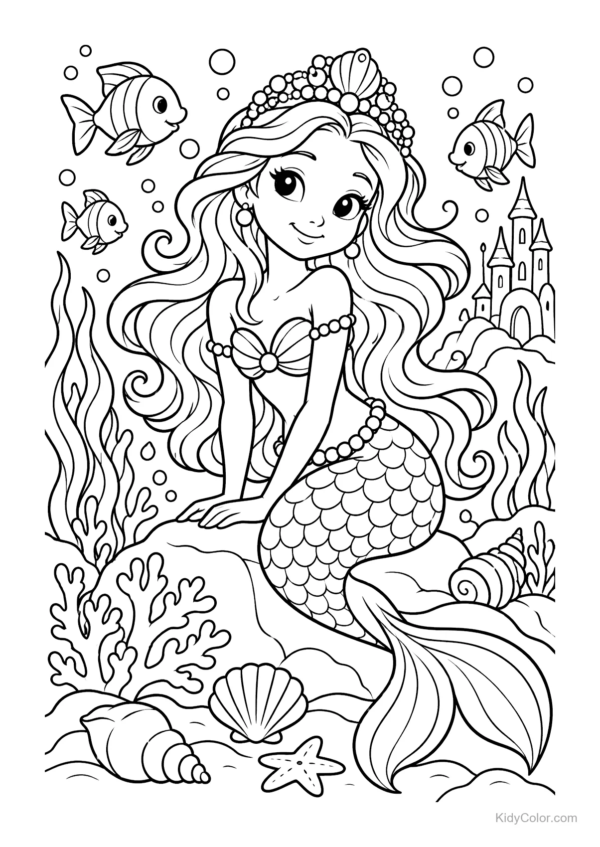 Princesa sereia com peixes e castelo submerso.
