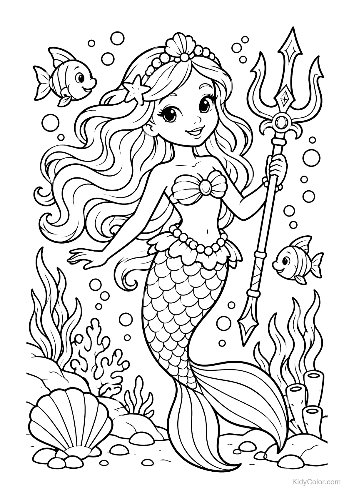Princesa sereia com tridente cercada por peixes e plantas marinhas.