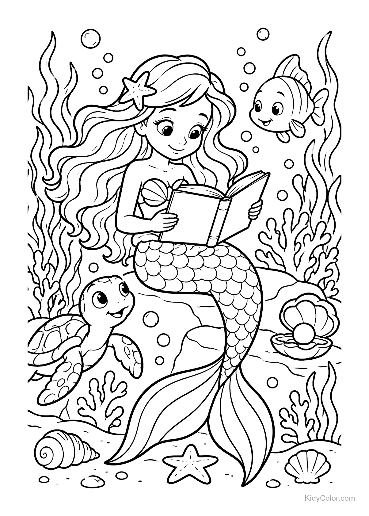 Mermaid reading a book underwater with fish and turtle.