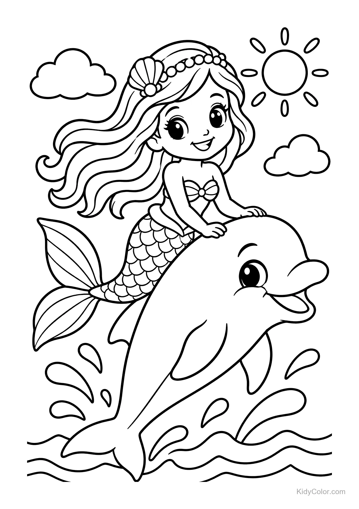 Mermaid riding a dolphin with the sun and clouds above.