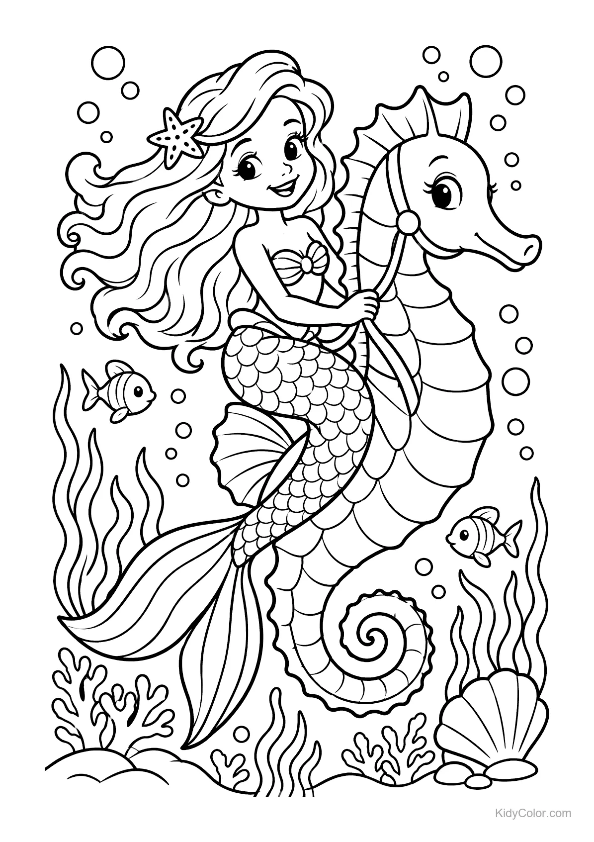 Sirena con cabello largo montando un caballito de mar bajo el agua con peces.