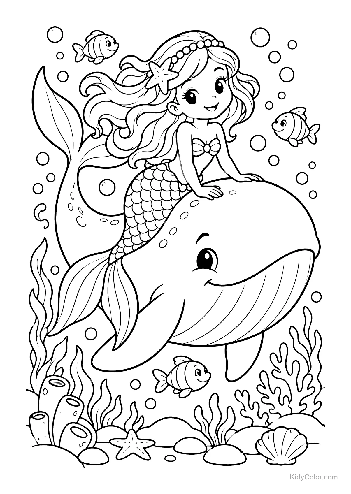 Sirena con cabello largo montando una ballena, rodeada de peces.