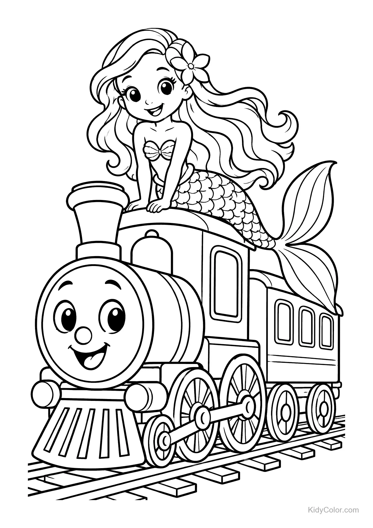 A mermaid sits on a happy train on tracks.