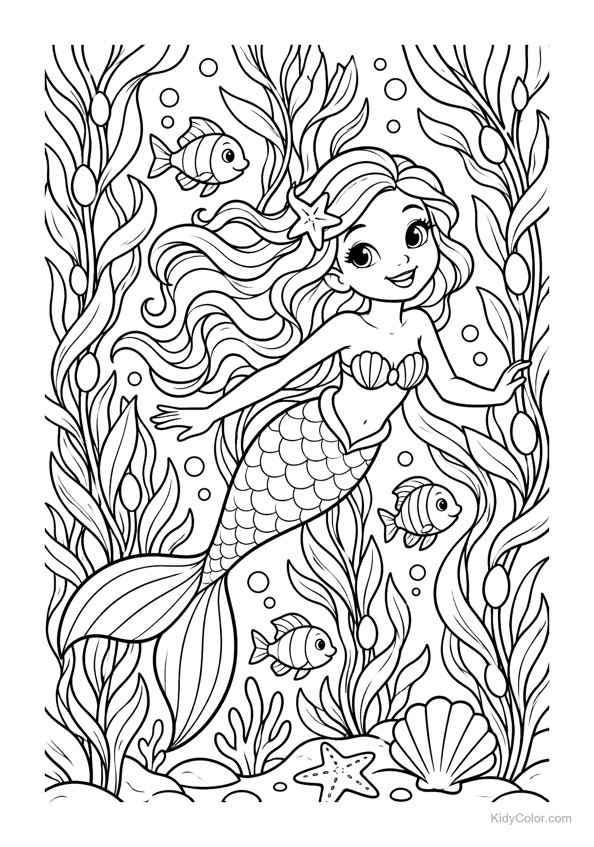 Sereia sorridente nadando cercada por algas e peixes.