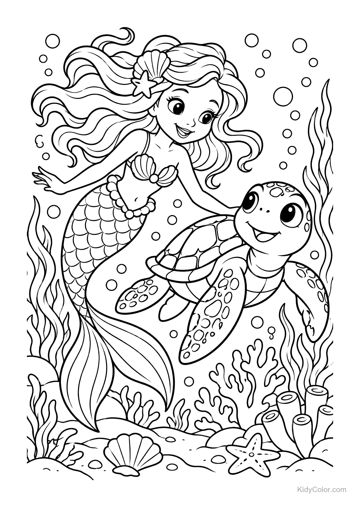 Mermaid with a starfish in her hair swims beside a turtle.