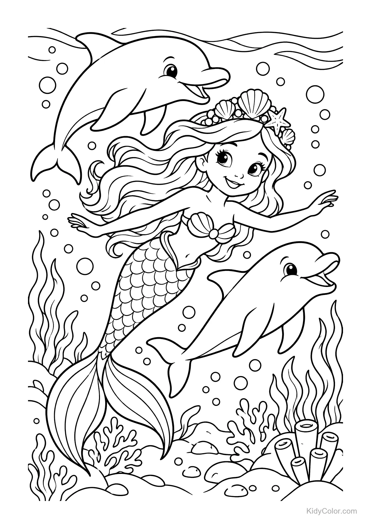 Mermaid with long hair swimming with dolphins underwater.