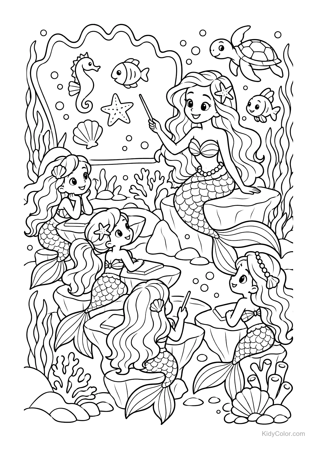A mermaid teaching young mermaids with fish and turtles nearby.