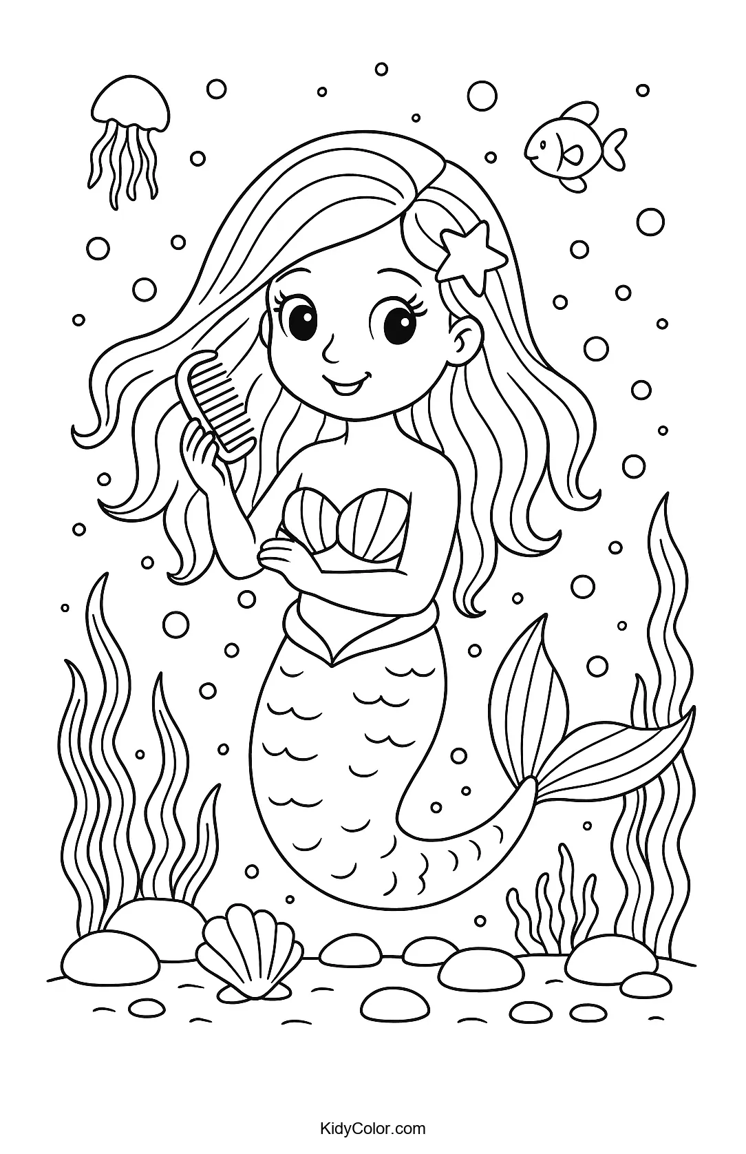 Coloring page of a mermaid in an underwater wonderland