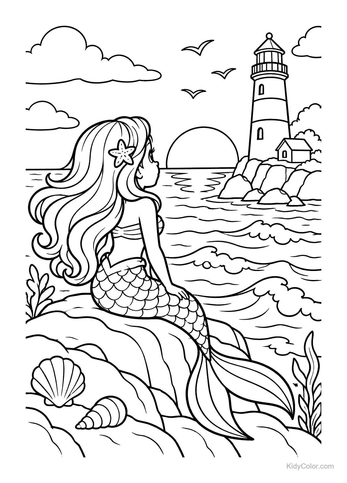Mermaid sitting on rocks watching the sunset by a lighthouse.
