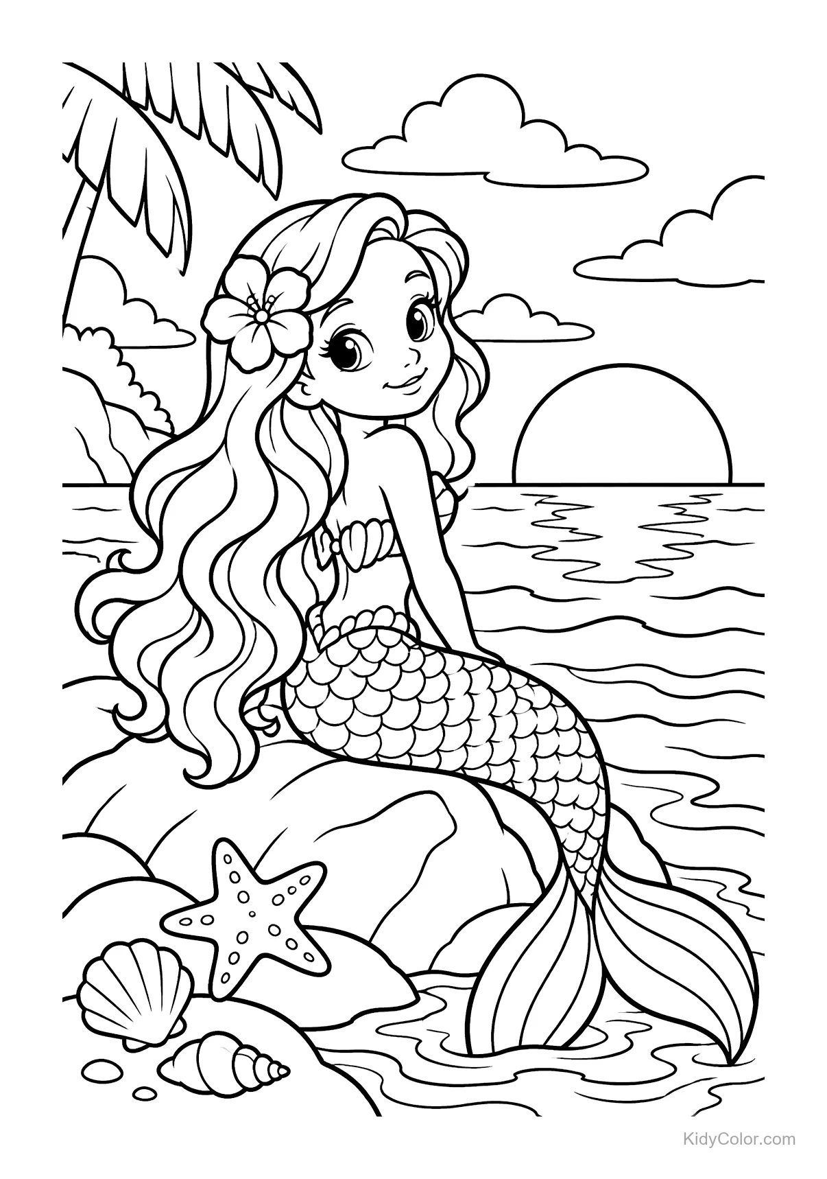 Mermaid with long hair sitting on a rock by the sea at sunset.