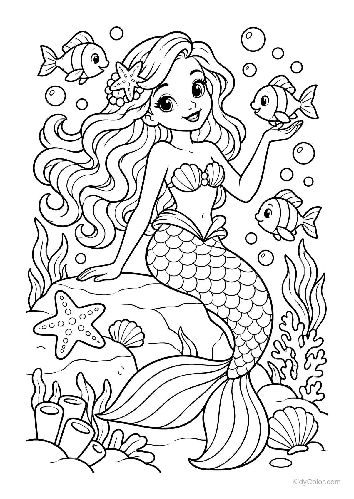 Sereia sentada em uma rocha com peixes e corais ao redor.