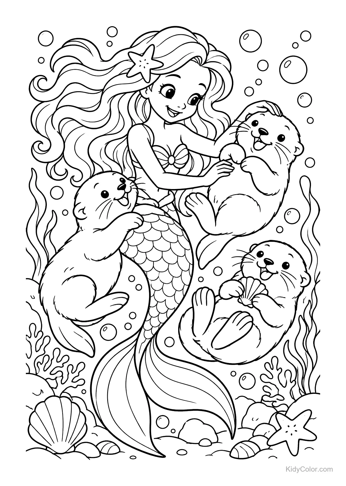 Sereia com três lontras cercada por algas e bolhas.