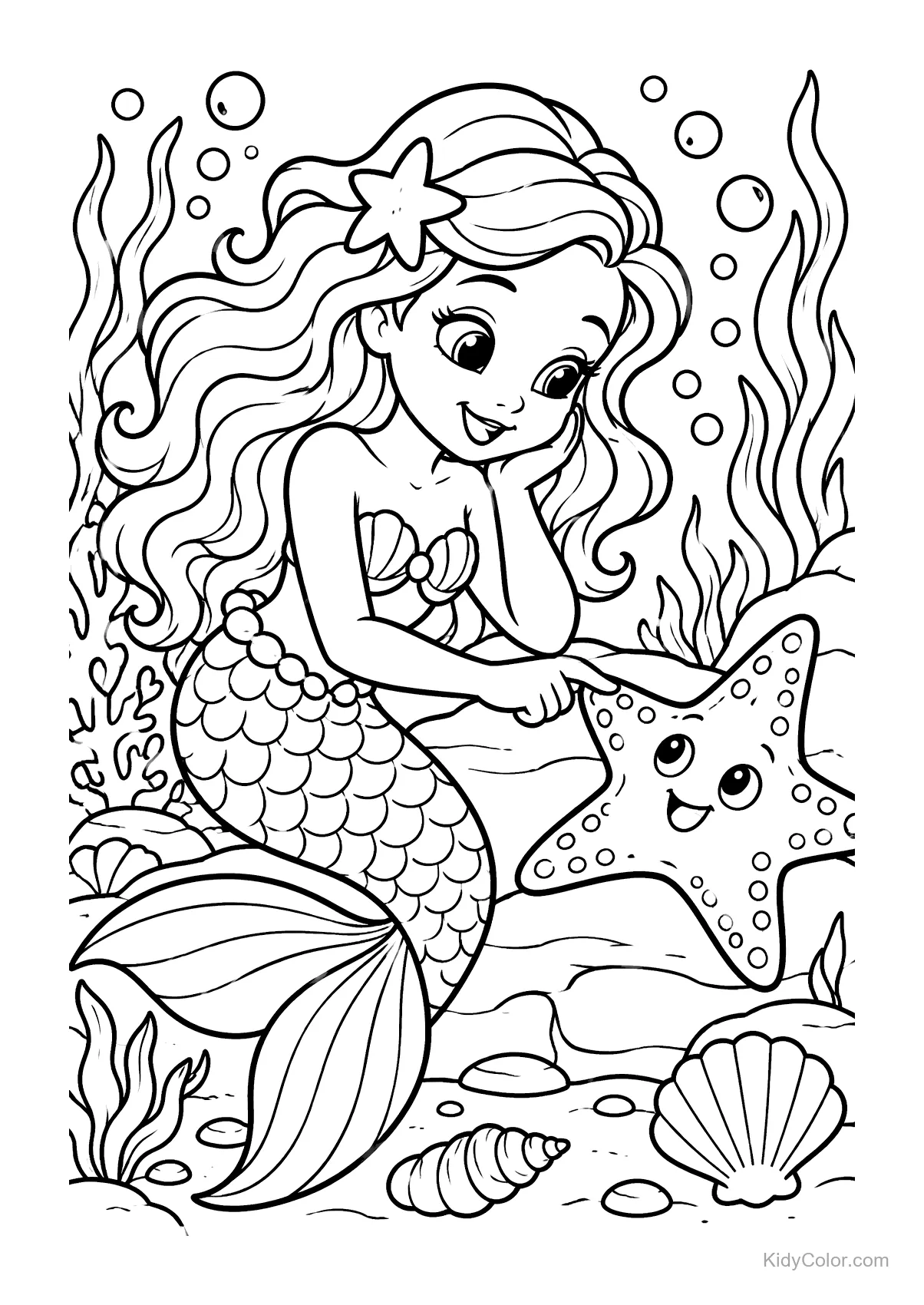 Sirena tocando una estrella de mar sonriente bajo el agua con plantas marinas.