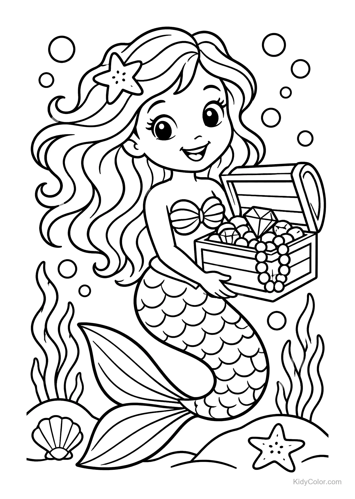 Mermaid holding a treasure chest underwater with bubbles and seaweed.