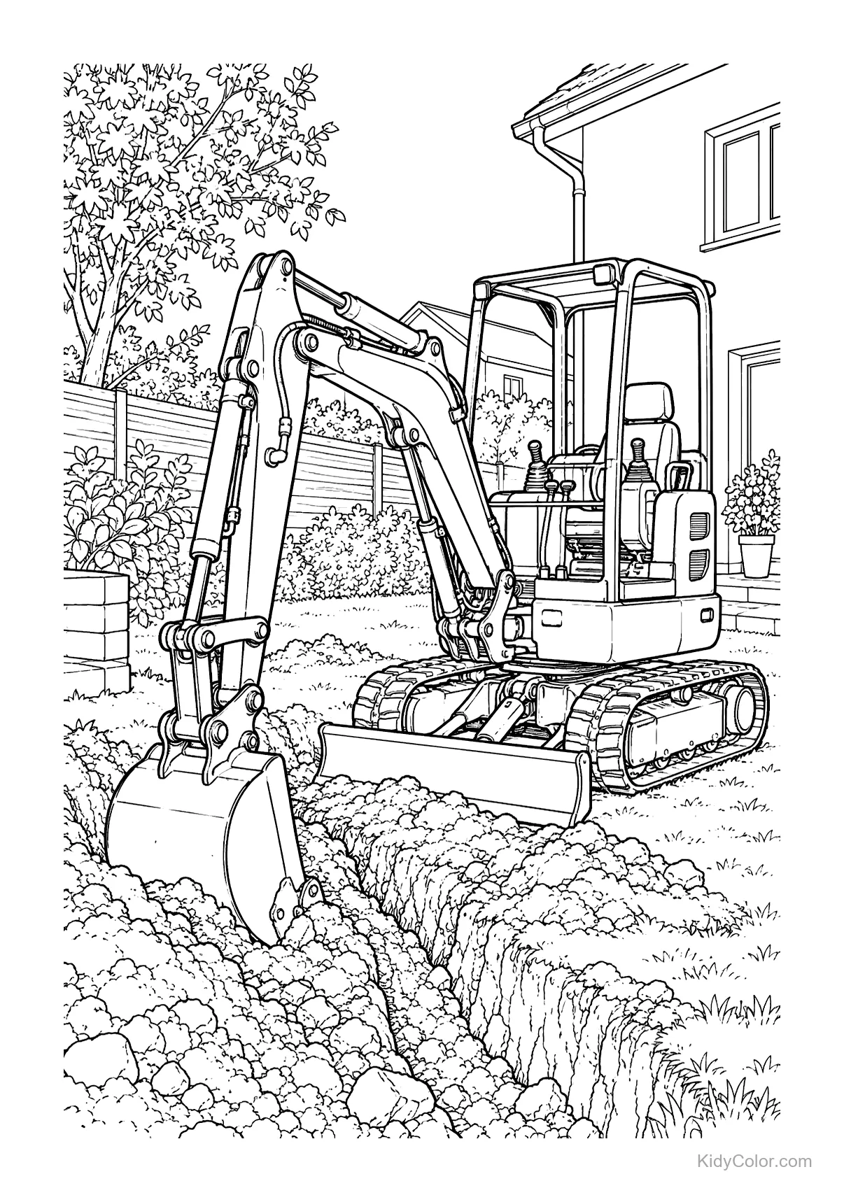 Mini excavator digging a trench in a backyard.