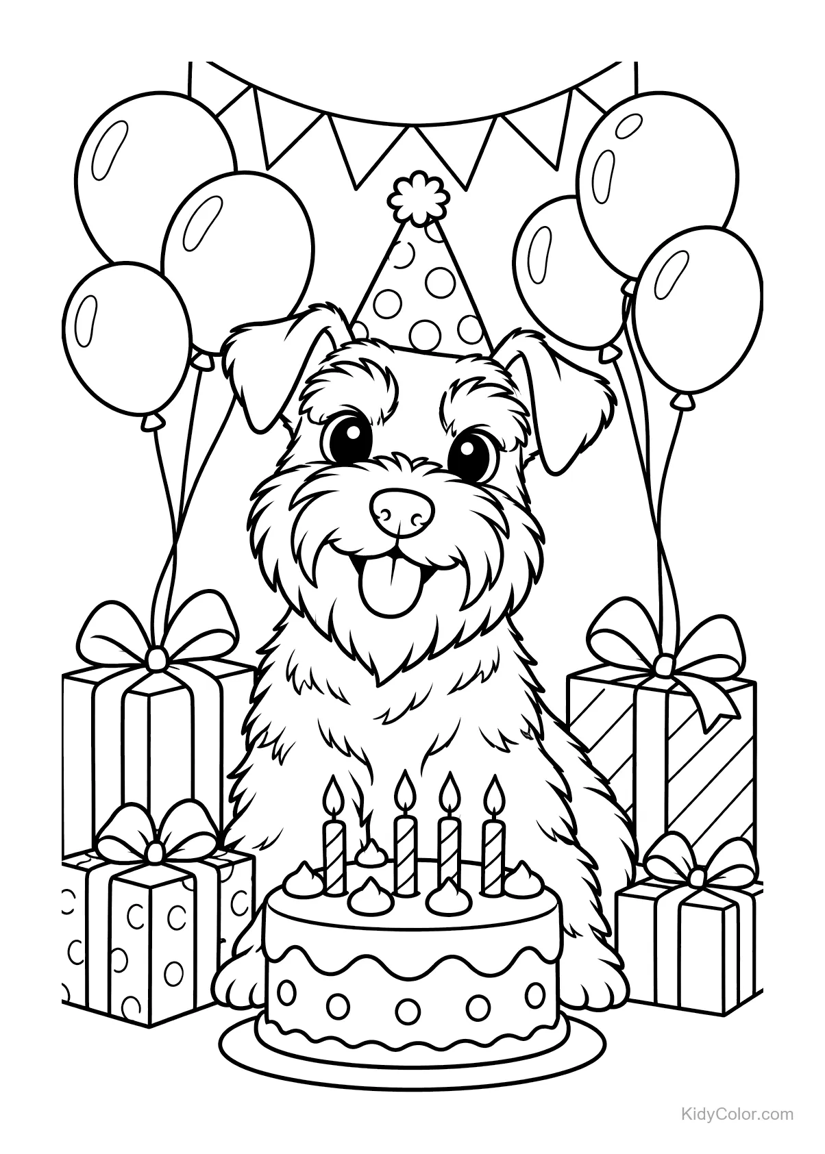 Miniatuur schnauzer met feesthoedje, ballonnen, cadeaus en taart.