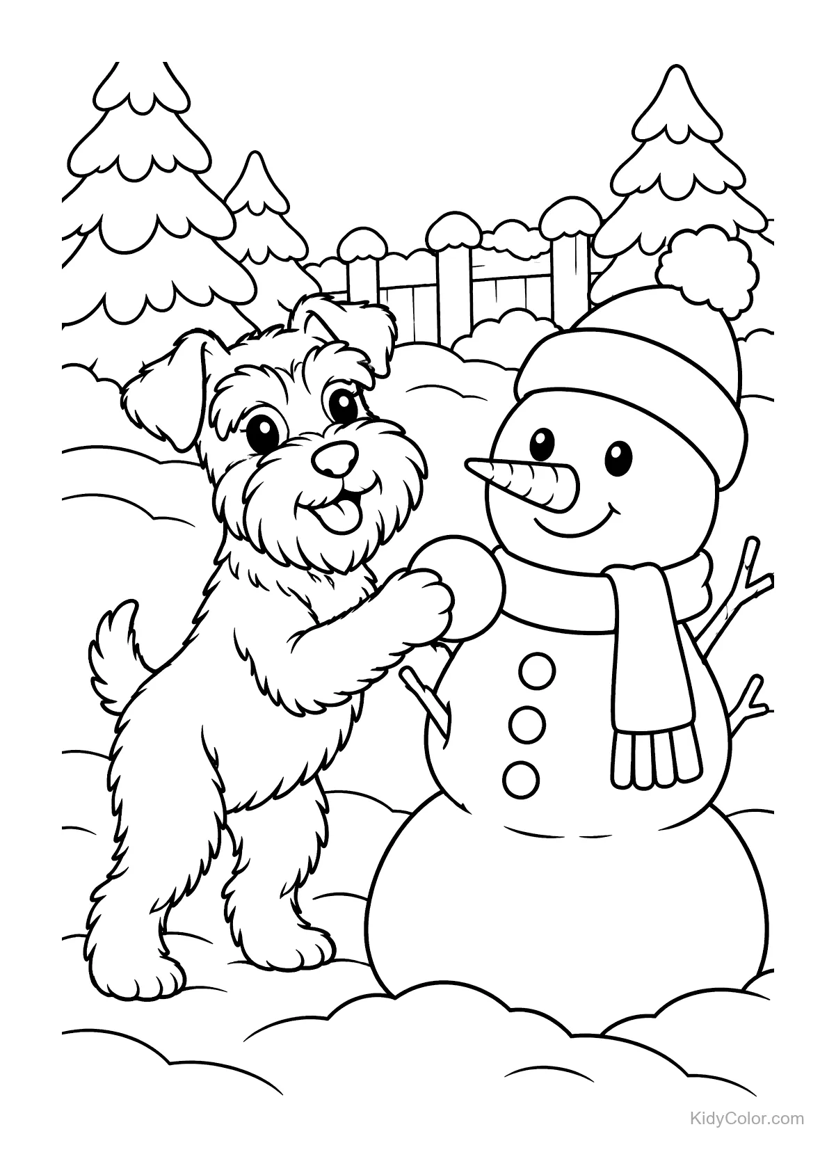 Zwergschnauzer baut einen Schneemann in verschneiter Umgebung.
