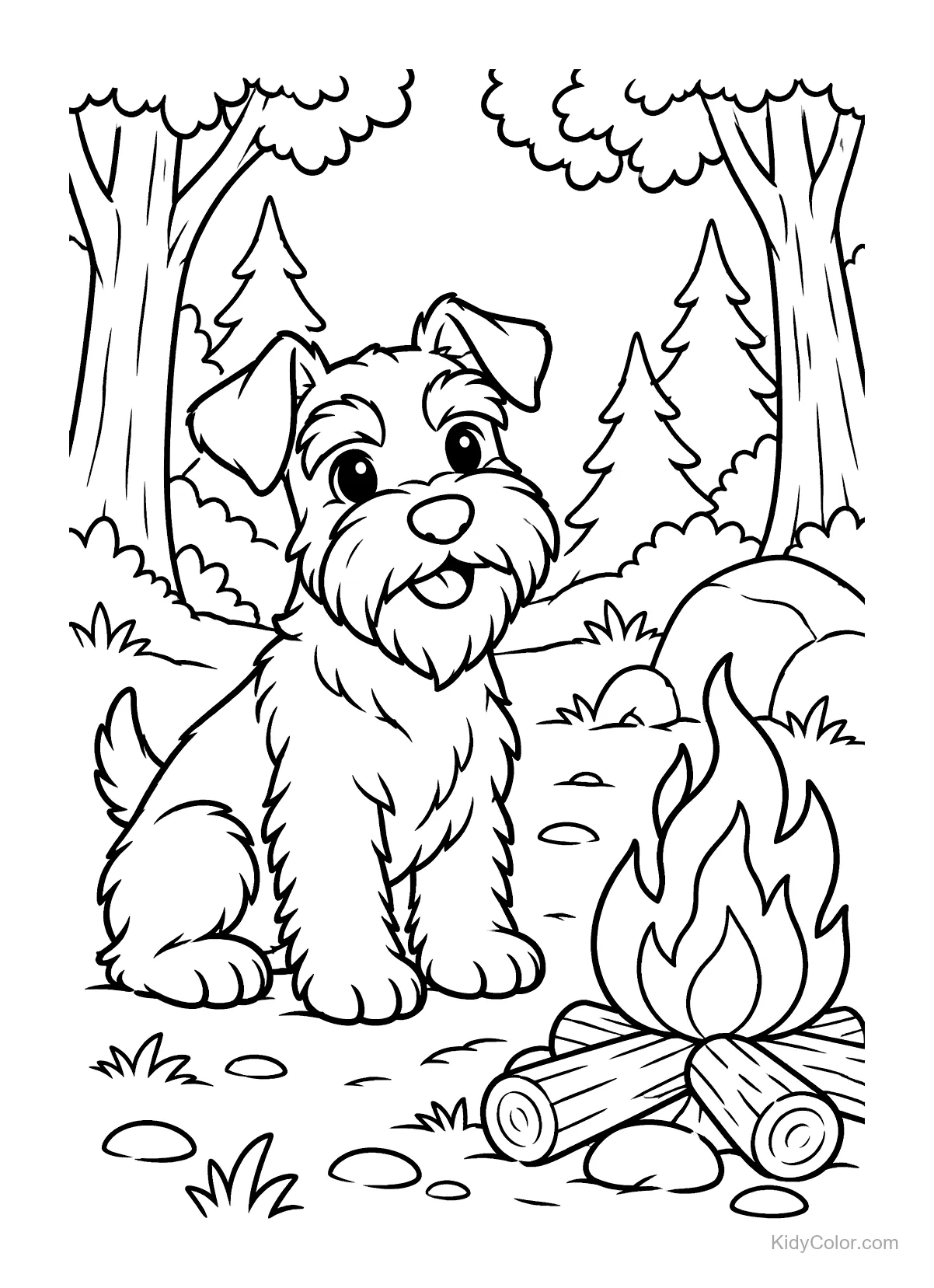 Schnauzer nain assis près d'un feu de camp avec des arbres en arrière-plan.