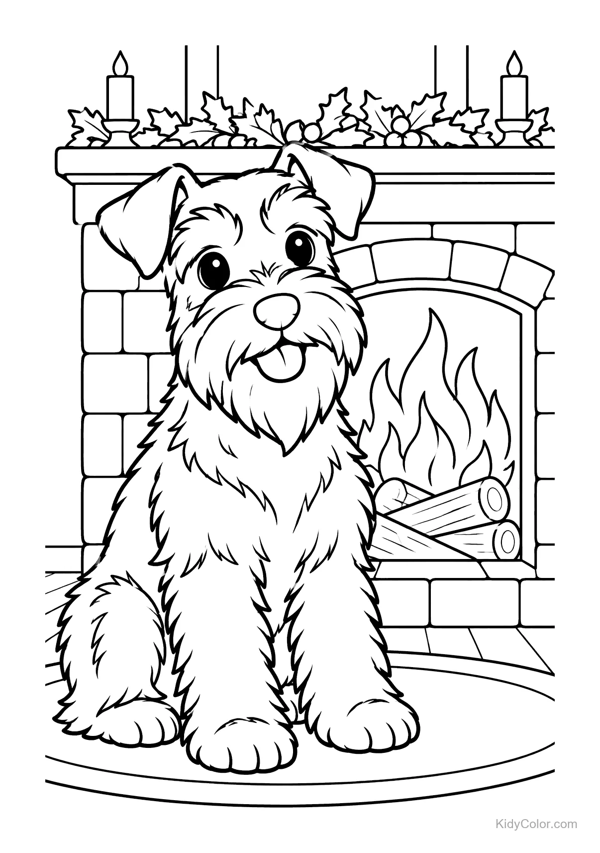 Miniatur-Schnauzer sitzt vor einem großen Kamin mit Kerzen.