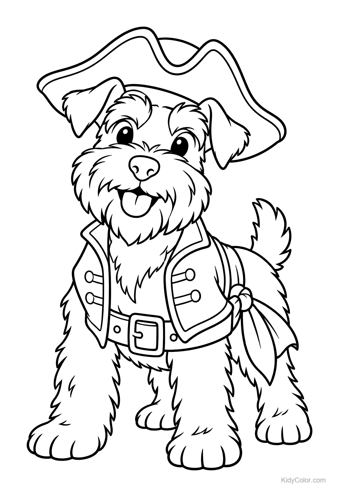 Miniatuur schnauzer in piratenkostuum met hoed en vest.