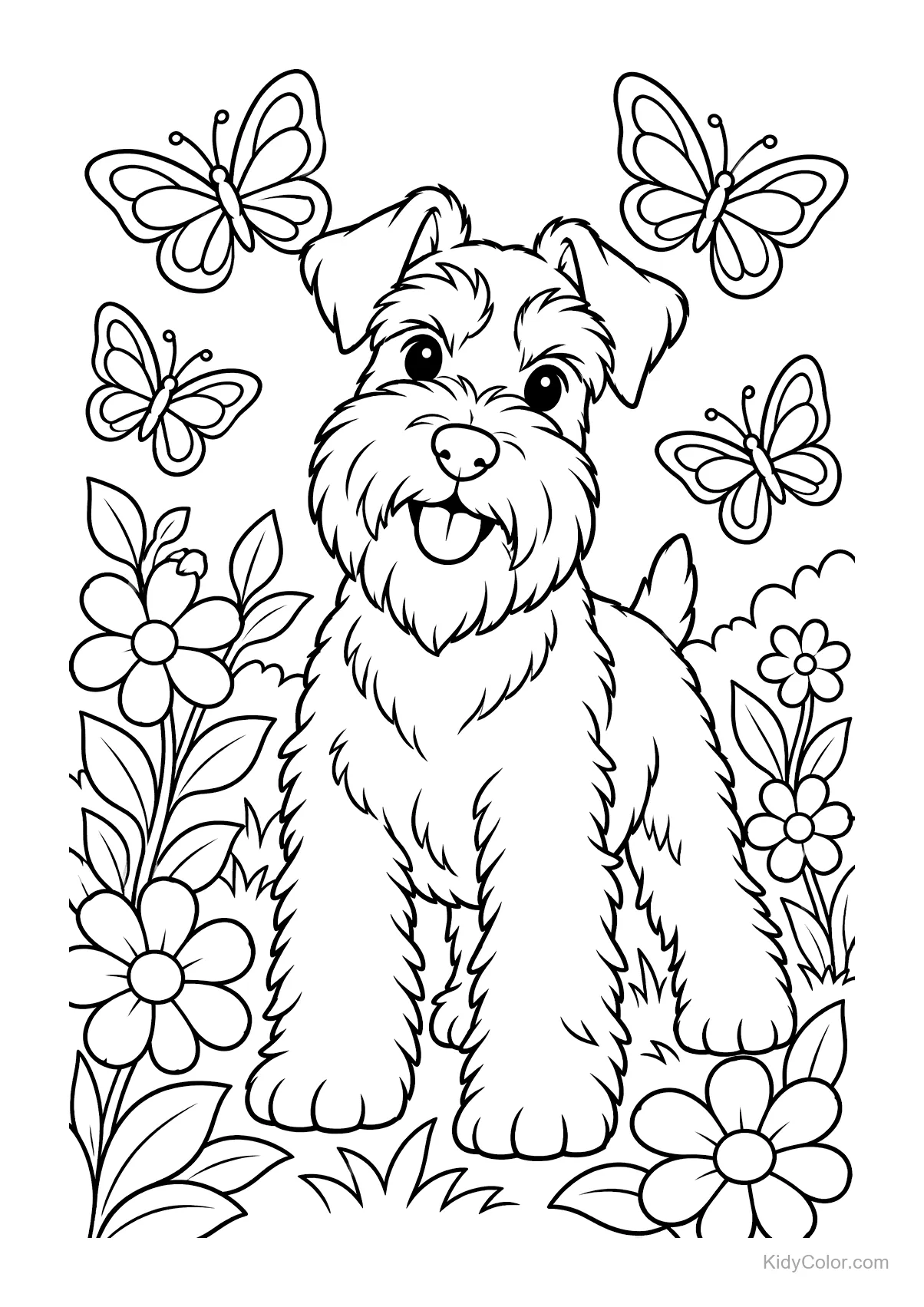Schnauzer nain entouré de papillons et de fleurs dans un jardin.