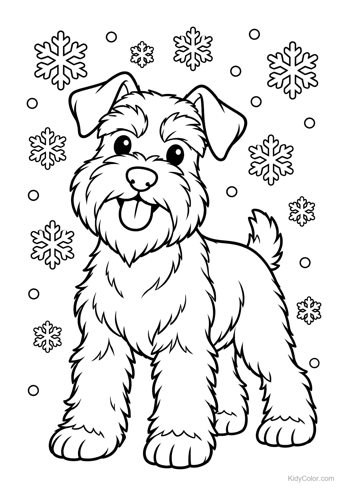Miniatur-Schnauzer umgeben von fallenden Schneeflocken.