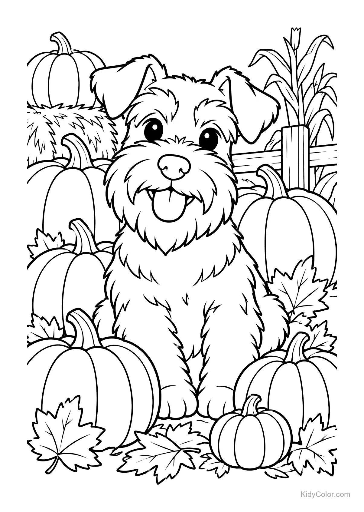 Schnauzer nain assis parmi des citrouilles et feuilles d'automne.