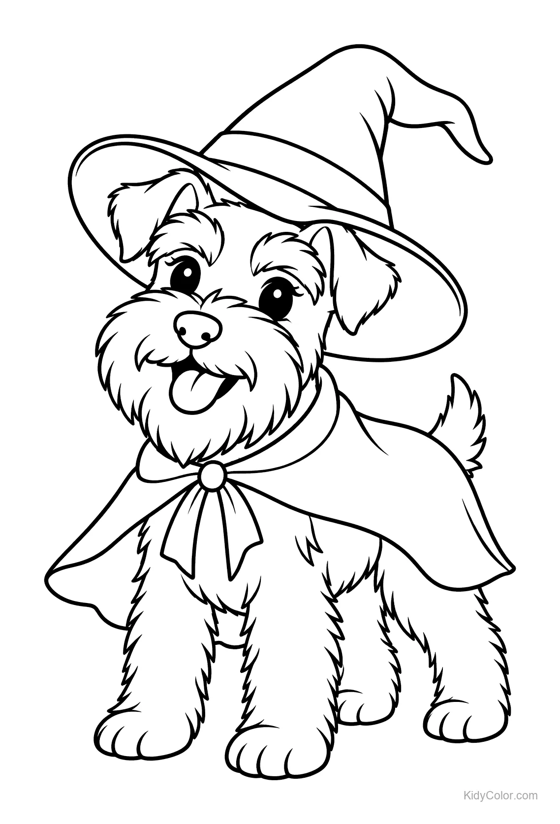 Schnauzer met heksenhoed en cape
